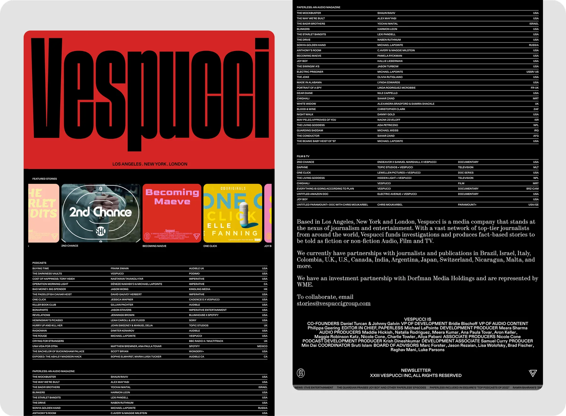 The final Vespucci website flow: the red homepage with featured stories, the podcast archive lists, and the about page