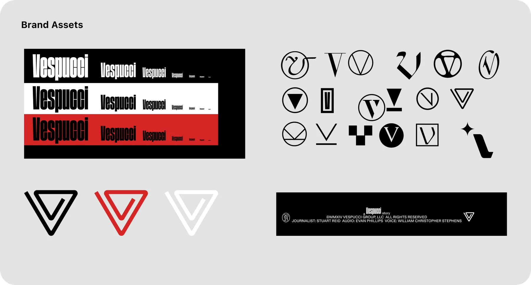 Vespucci brand assets: the wordmark in black, white and red, a set of V marks and symbols, and the credit bar used on artwork