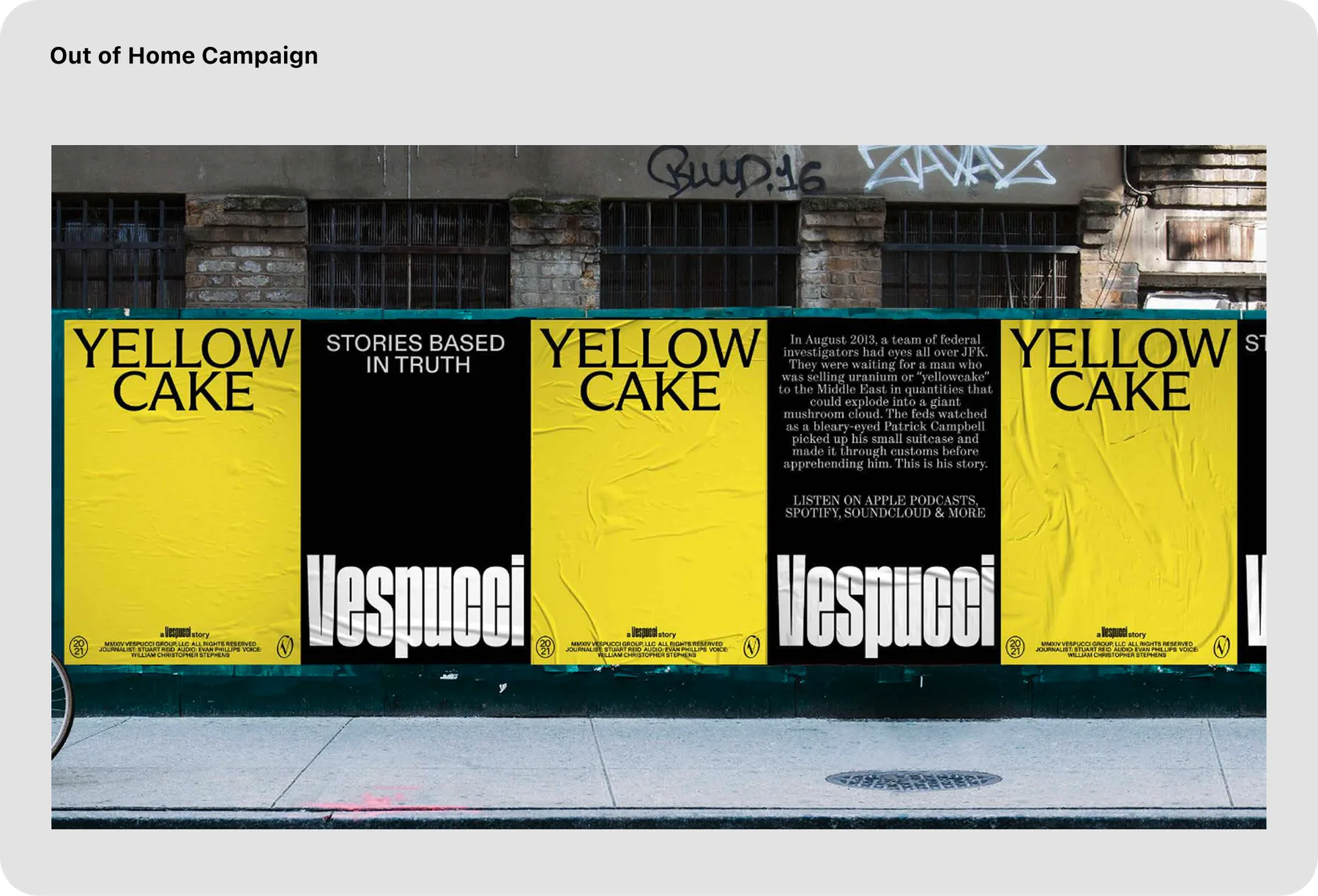 Yellow Cake and Vespucci posters wheat-pasted along a city street wall