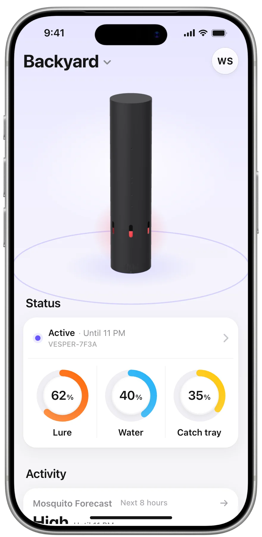 An app's Home screen on an iPhone: a 3D model of a tall black cylinder above a status card that reads Active until 11 PM, with rings for Lure at 62%, Water at 40% and Catch tray at 35%