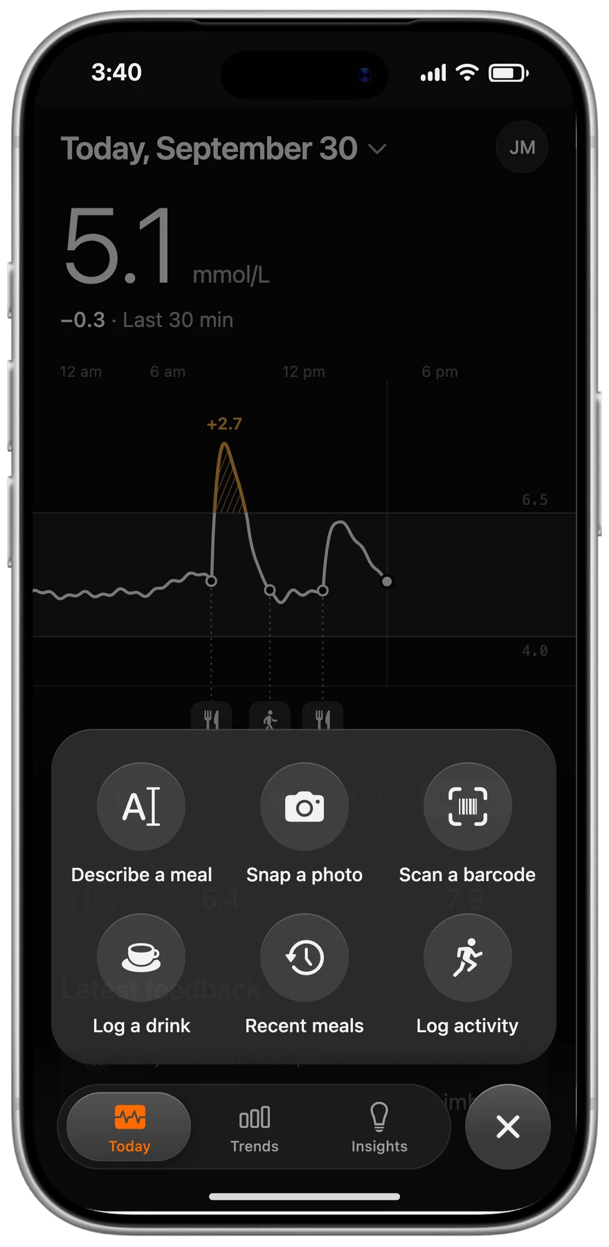 Limbo quick-log menu opened from the + button, with options to describe a meal, snap a photo, scan a barcode, log a drink, pick a recent meal or log activity