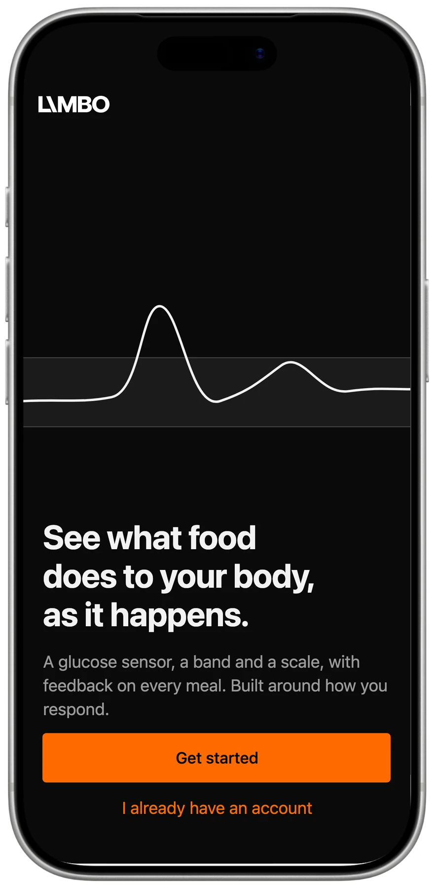 Limbo welcome screen: “See what food does to your body, as it happens,” with a Get started button