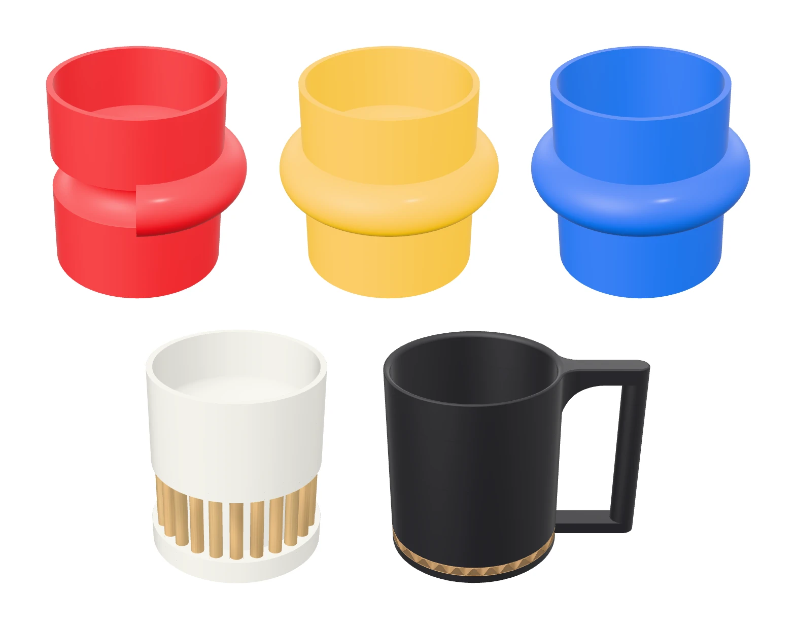 Renders of the five mug concepts at true relative size: the red, yellow and blue ring mugs, the white dowel-grip mug and the black mug with a drip insert