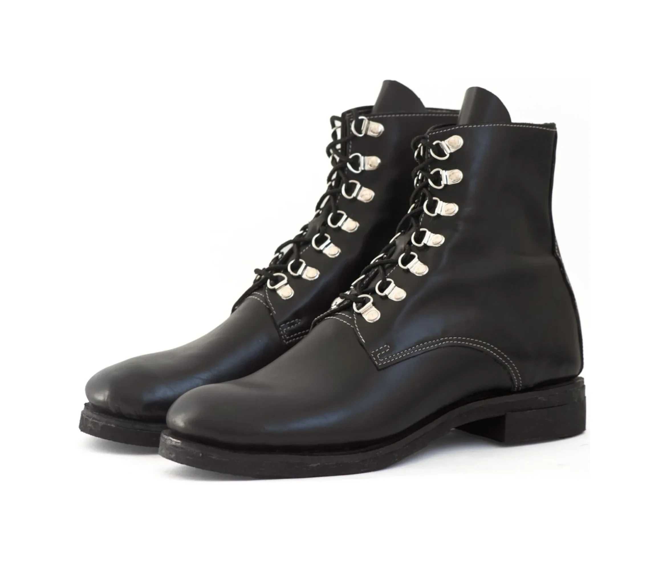 Pair of black leather lace-up boots with silver hooks